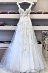 White V Neck Lace Tulle Long Wedding Dress, Lace Prom Dress