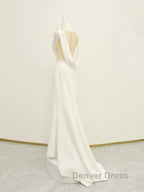 White v neck long prom Dress, white Prom Dresses