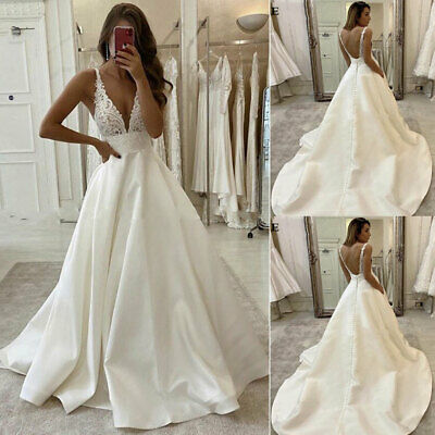 White V Neck Satin Lace Long Prom Dress