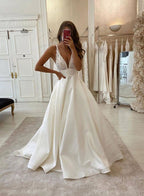 White V Neck Satin Lace Long Prom Dress
