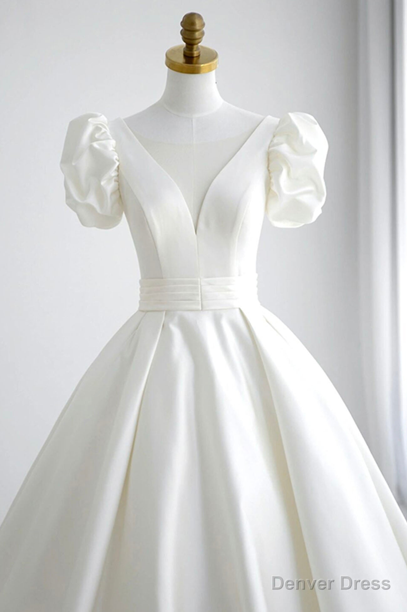 White V Neck Satin Long Prom Dress, A Line Short Sleeve Prom Dresses