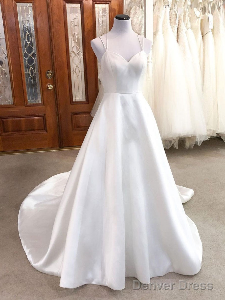 White V Neck Satin Long Prom Dress White Satin Wedding Gown Main image