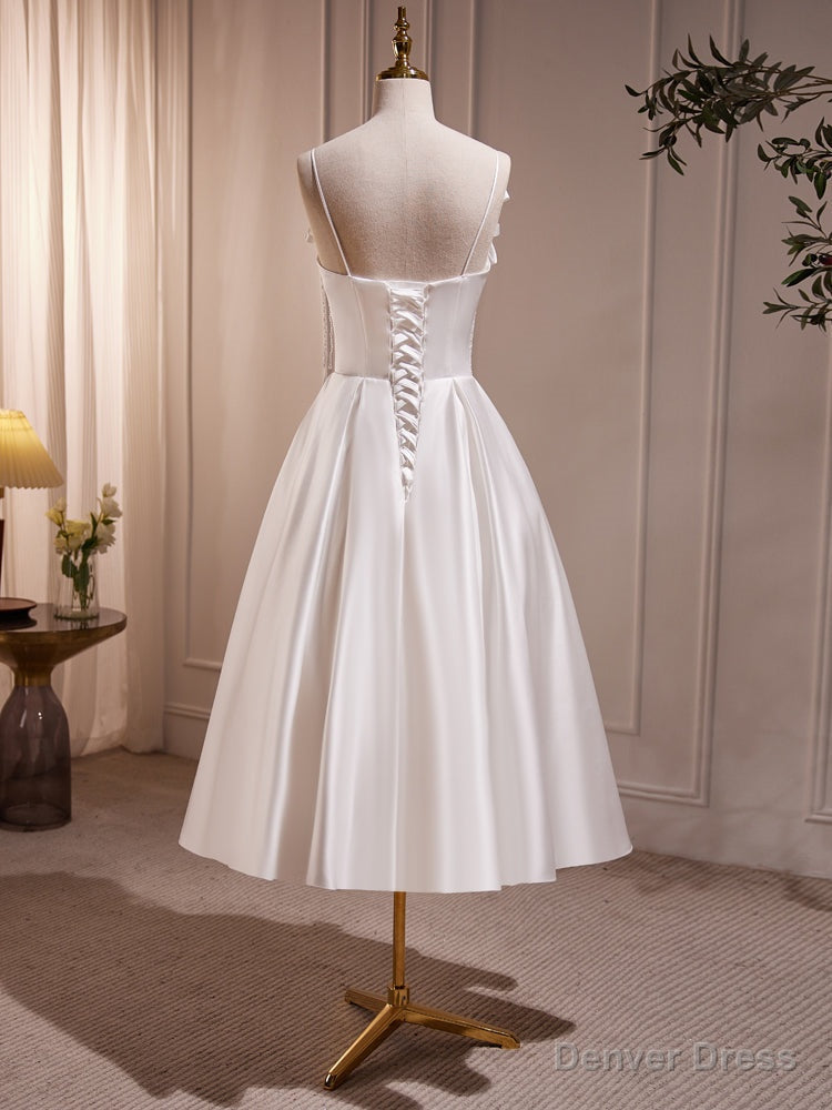 White V Neck Satin Tea Length Prom Dress, White Prom Dresses With Beading