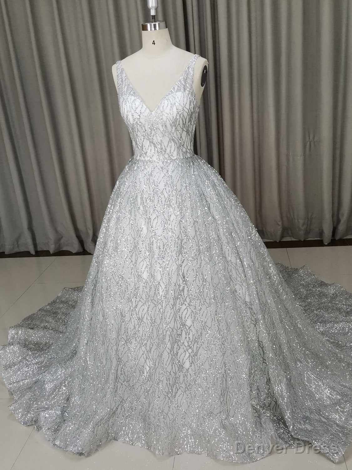 White V Neck Sequin Tulle Long Prom Dress White Tulle Evening Dress