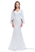 V Neck Sequins Mermaid Prom Dresses with Sleeves