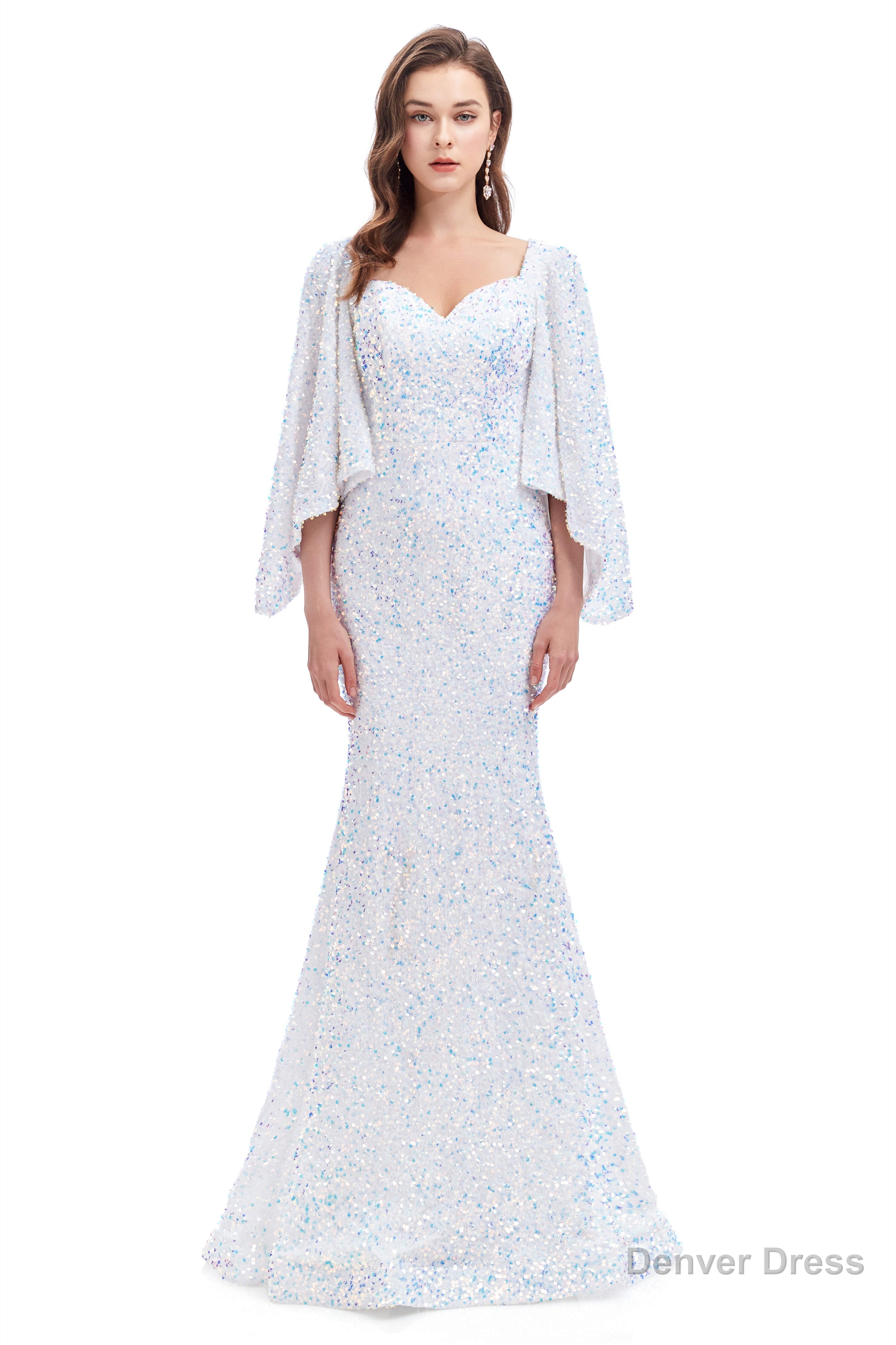 V Neck Sequins Mermaid Prom Dresses with Sleeves