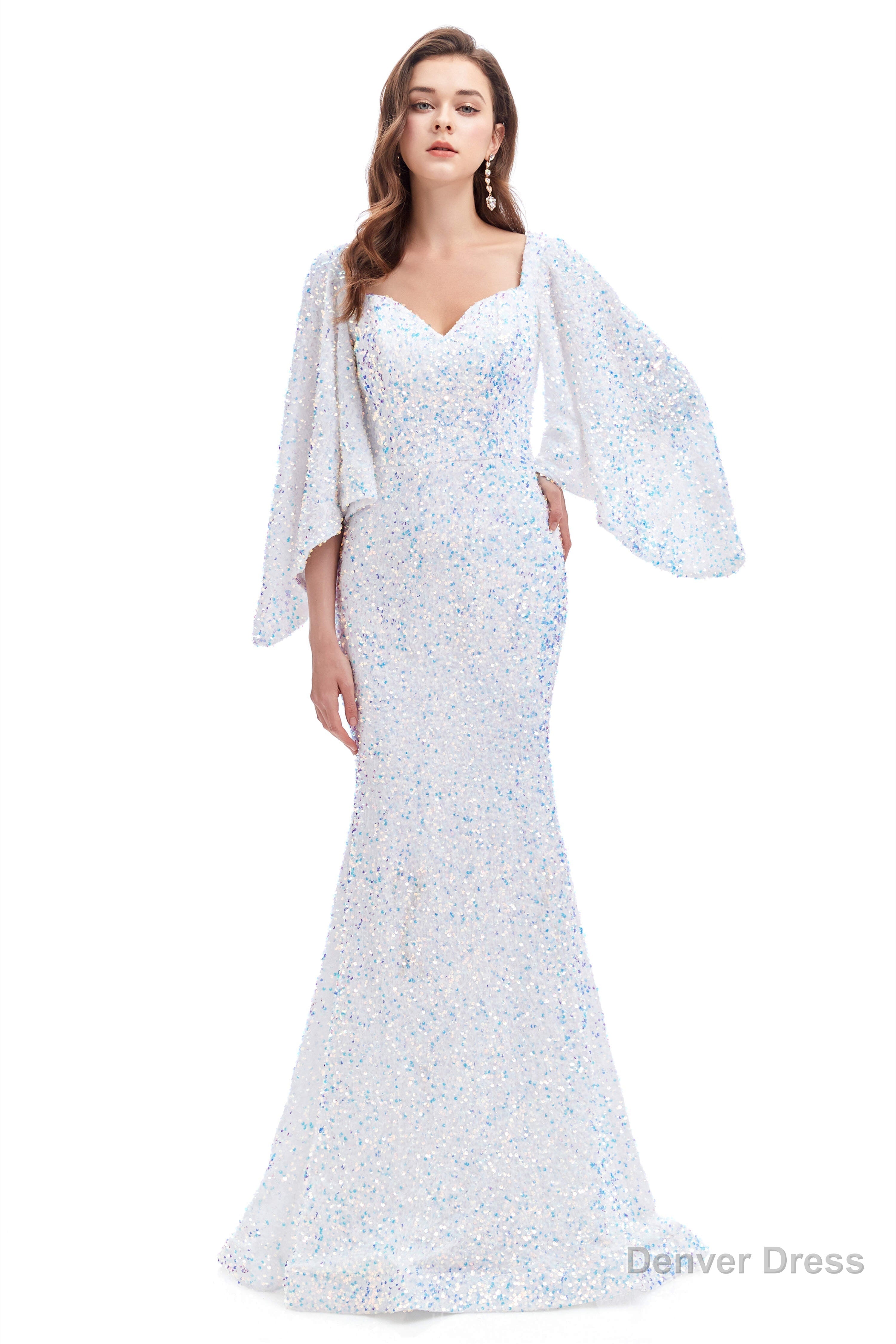 V Neck Sequins Mermaid Prom Dresses with Sleeves