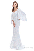 V Neck Sequins Mermaid Prom Dresses with Sleeves