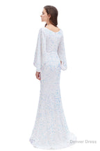 V Neck Sequins Mermaid Prom Dresses with Sleeves