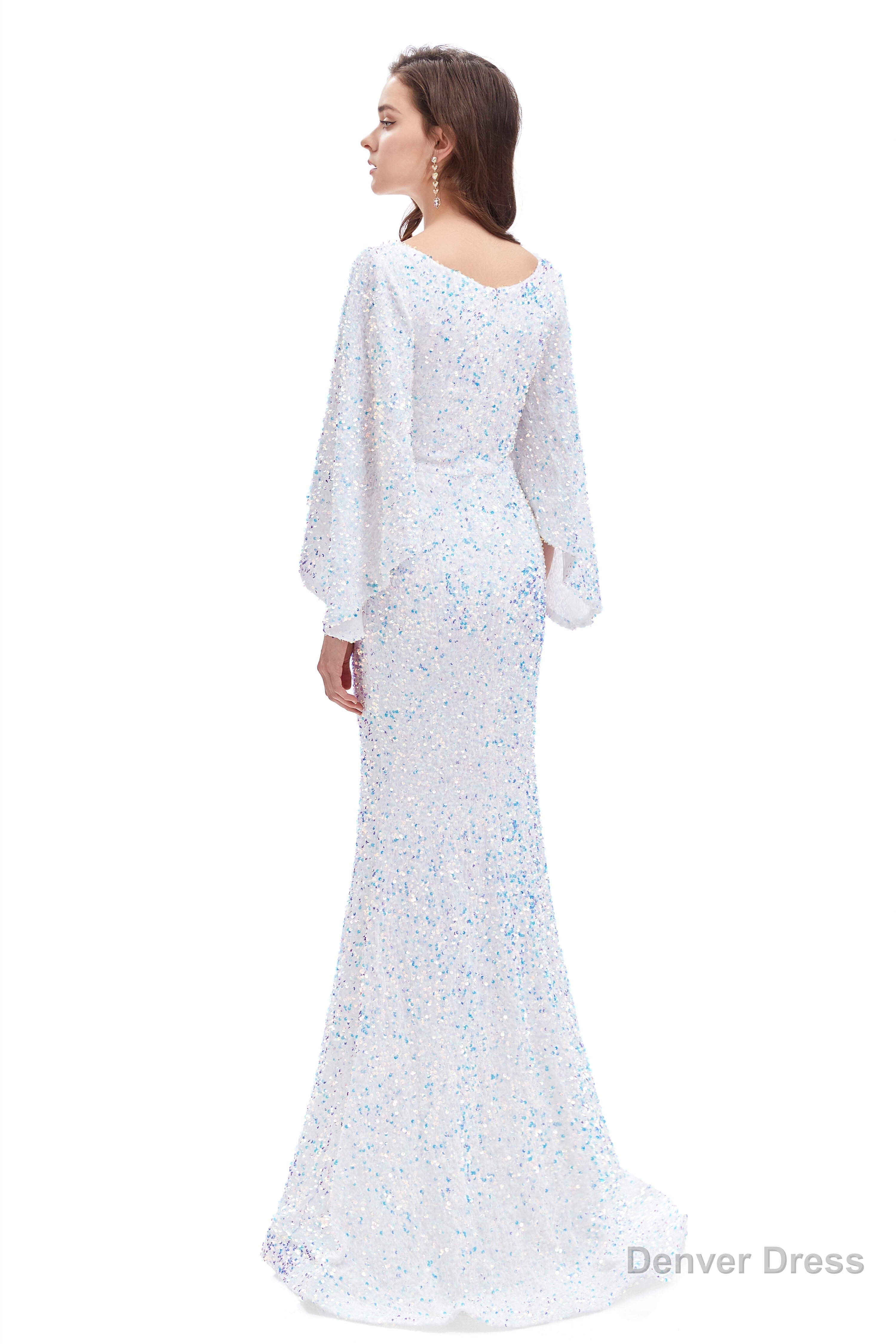 V Neck Sequins Mermaid Prom Dresses with Sleeves