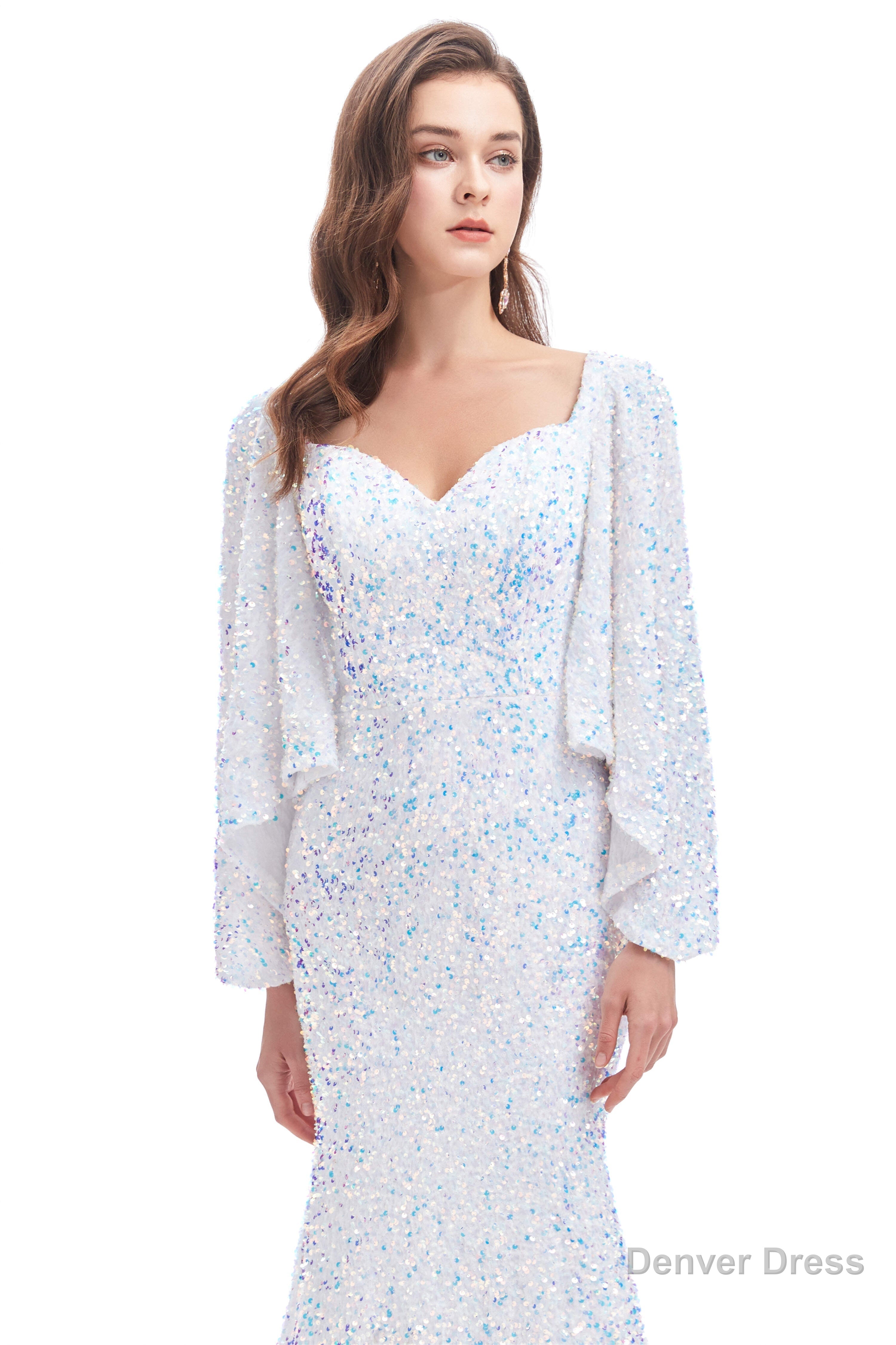 V Neck Sequins Mermaid Prom Dresses with Sleeves