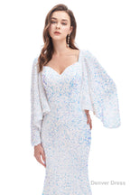 V Neck Sequins Mermaid Prom Dresses with Sleeves