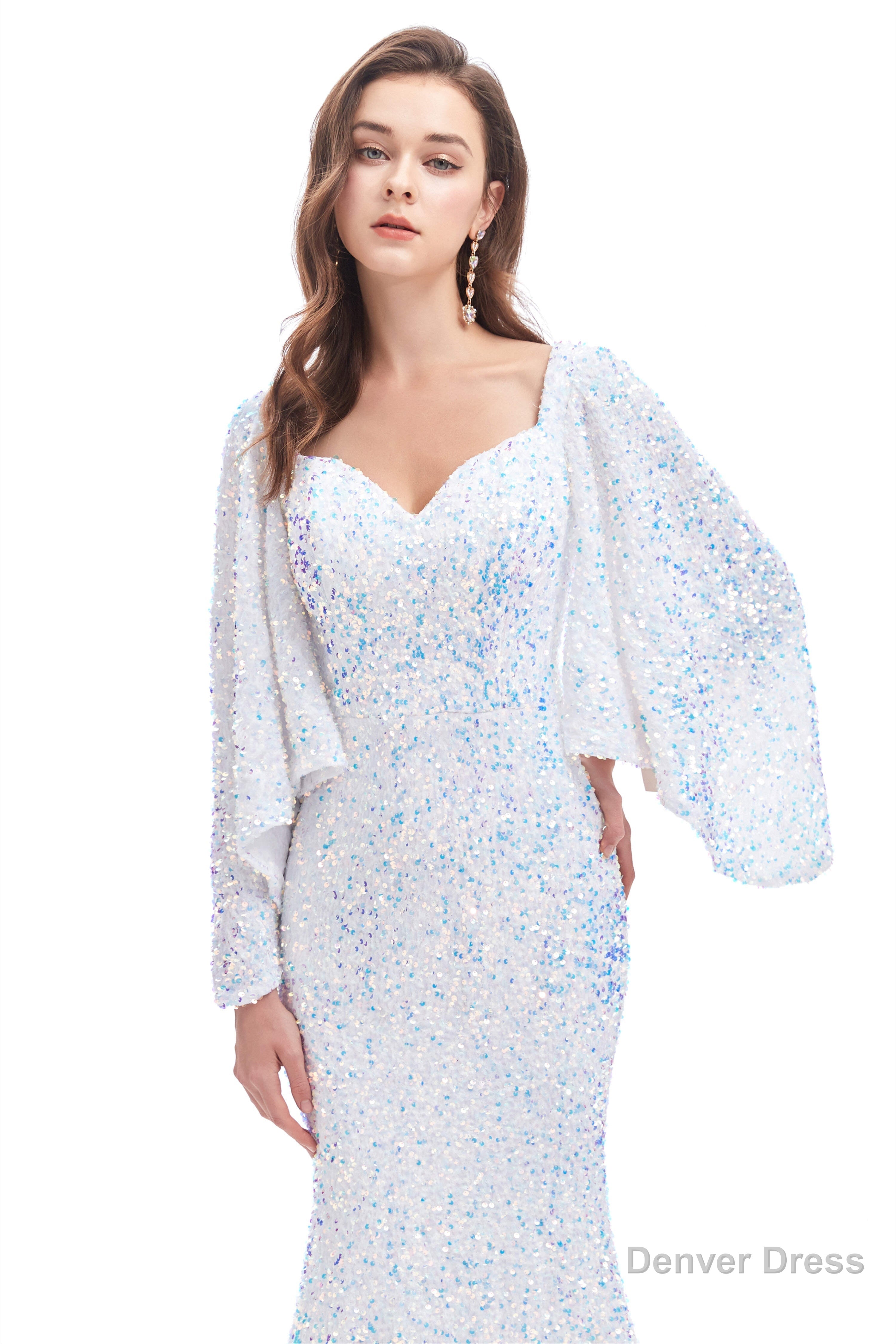 V Neck Sequins Mermaid Prom Dresses with Sleeves