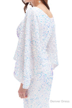V Neck Sequins Mermaid Prom Dresses with Sleeves