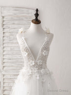 White V Neck Tulle Beads Long Prom Dress White Evening Dress