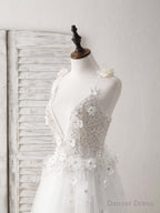 White V Neck Tulle Beads Long Prom Dress White Evening Dress