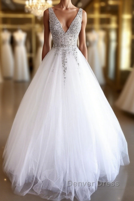 White v neck tulle beads sequin long prom Dress white Prom Dresses