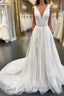 White v neck tulle lace long prom Dress, lace Prom Dresses