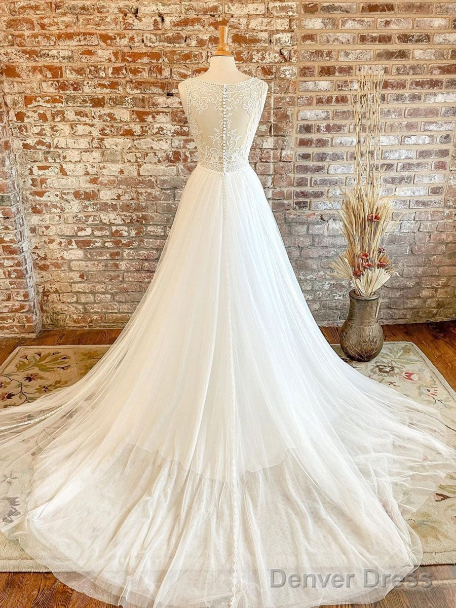 White V Neck Tulle Lace Long Prom Dress, Lace Tulle Wedding Dress Secondary image