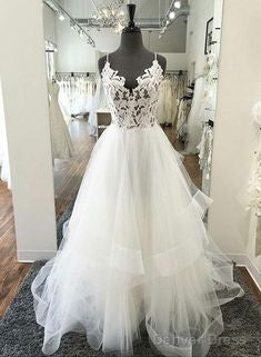 White V Neck Tulle Lace Long Prom Dress, Wedding Dress