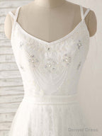 White V Neck Tulle Lace Long Prom Dress White Evening Dress