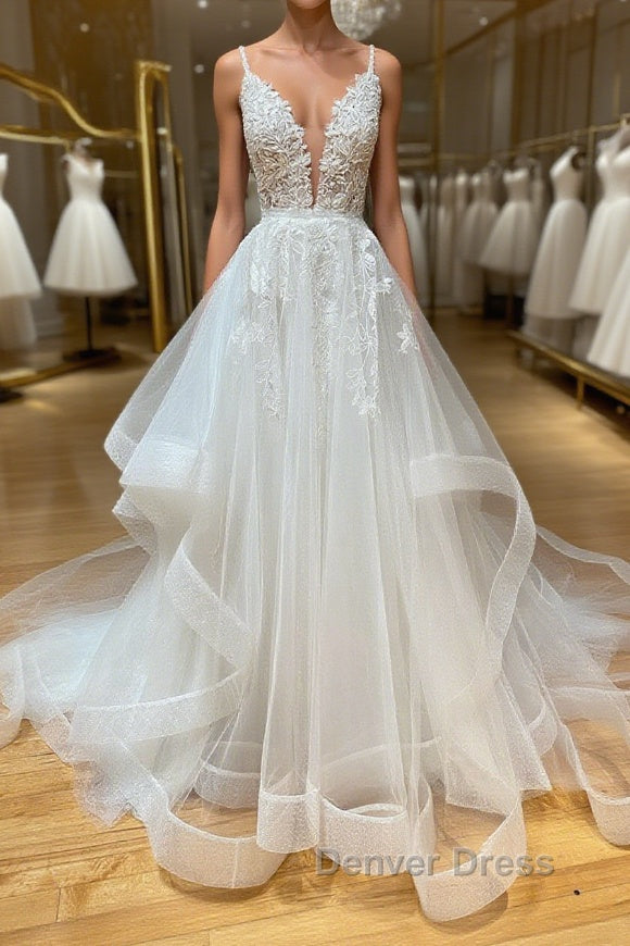 White v neck tulle lace long prom Dress, white lace Prom Dresses
