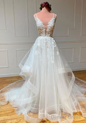 White V Neck Tulle Lace Long Prom Dress White Lace Wedding Dress