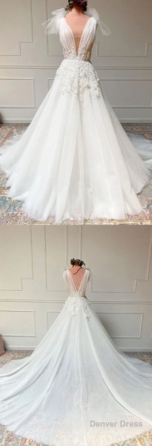 White V Neck Tulle Lace Long Prom Dress White Tulle Wedding Dresses Main image