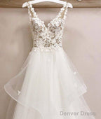 White V Neck Tulle Lace Long Prom Dress, White V Neck Prom Dresses