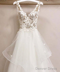 White V Neck Tulle Lace Long Prom Dress, White V Neck Evening Dress
