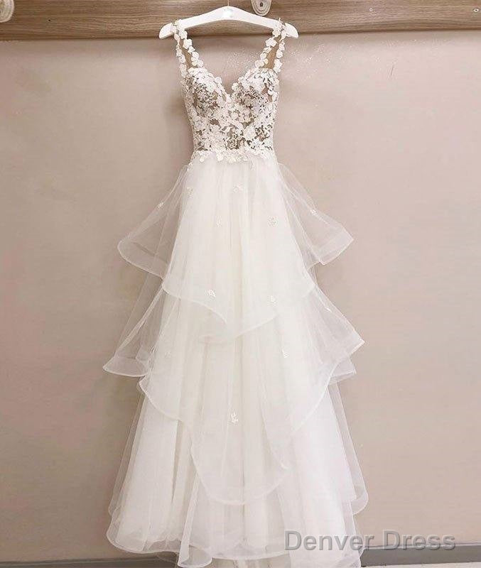 White V Neck Tulle Lace Long Prom Dress, White V Neck Prom Dresses Main image