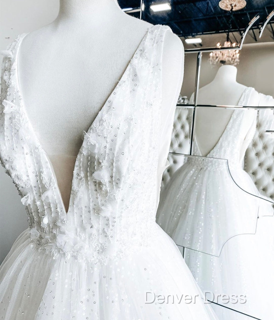 White V Neck Tulle Lace Long Prom Gown Wedding Dresses Secondary image