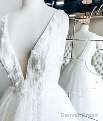 White V Neck Tulle Lace Long Prom Gown Wedding Dress