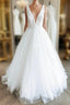 White V Neck Tulle Lace Long Prom Gown Wedding Dresses
