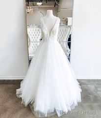 White V Neck Tulle Lace Long Prom Gown Wedding Dress