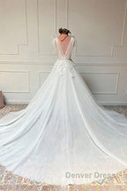 White V Neck Tulle Lace Long Wedding Dresses