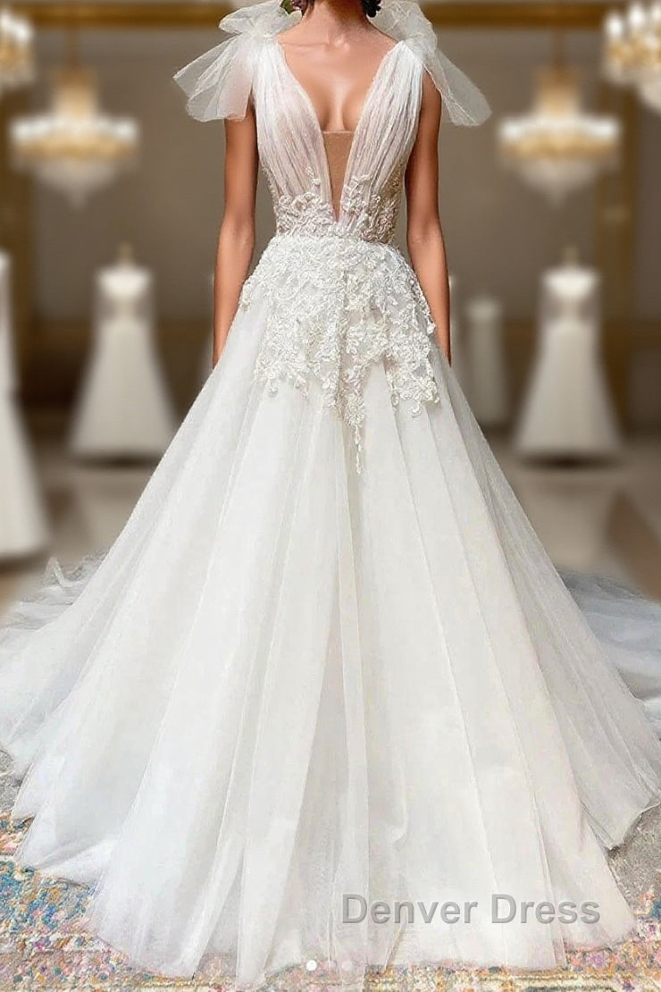 White V Neck Tulle Lace Long Wedding Dresses Main image