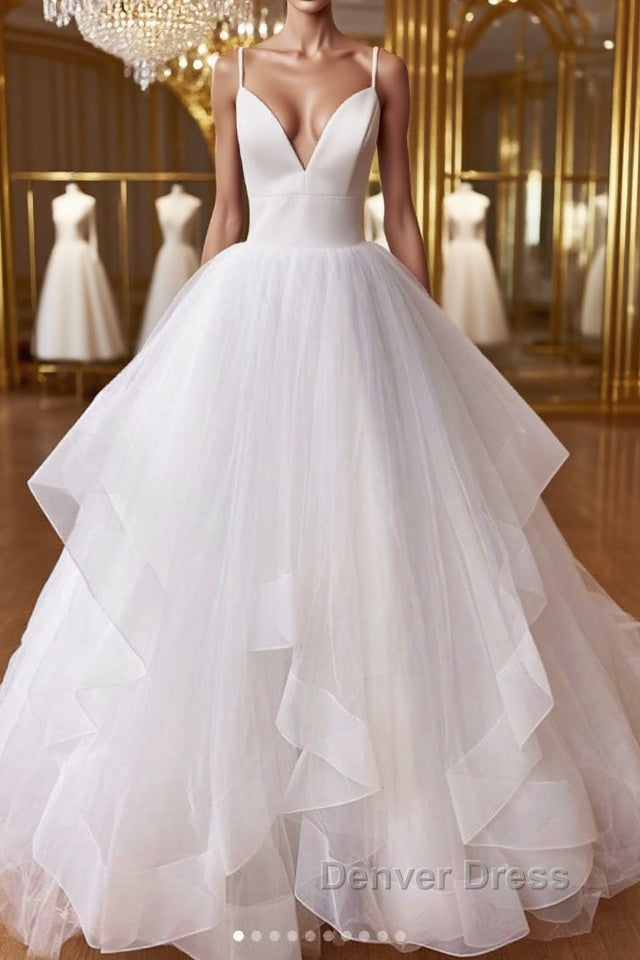 White v neck tulle long prom Dress white tulle Prom Dresses Main image