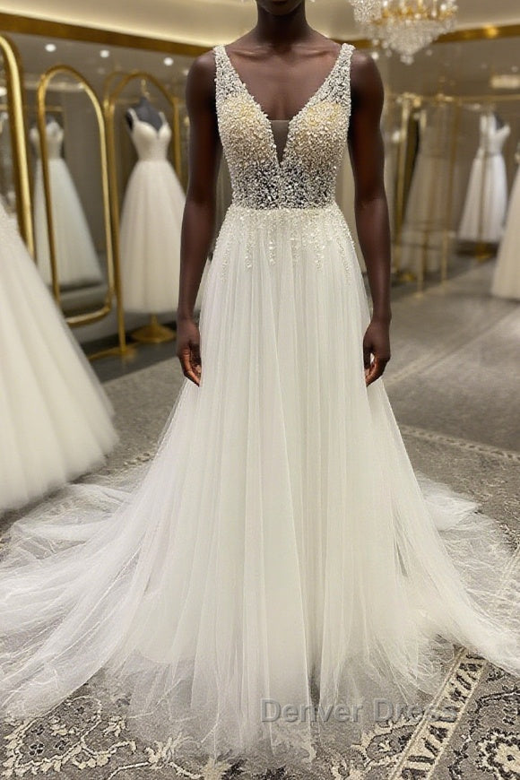 White v neck tulle sequin beads long prom Dress, A Line Prom Dresses