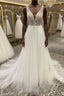 White v neck tulle sequin beads long prom Dress, A Line Prom Dresses