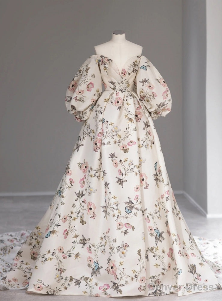 White Vintage Print Puff Sleeve Prom Dress Main image