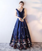 Dark Blue Floral Pattern Long Prom Dress Blue Prom Dresses