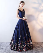 Dark Blue Floral Pattern Long Prom Dress Blue Prom Dresses
