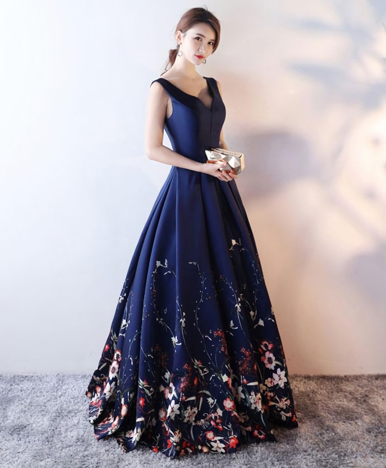Dark Blue Floral Pattern Long Prom Dress Blue Prom Dresses