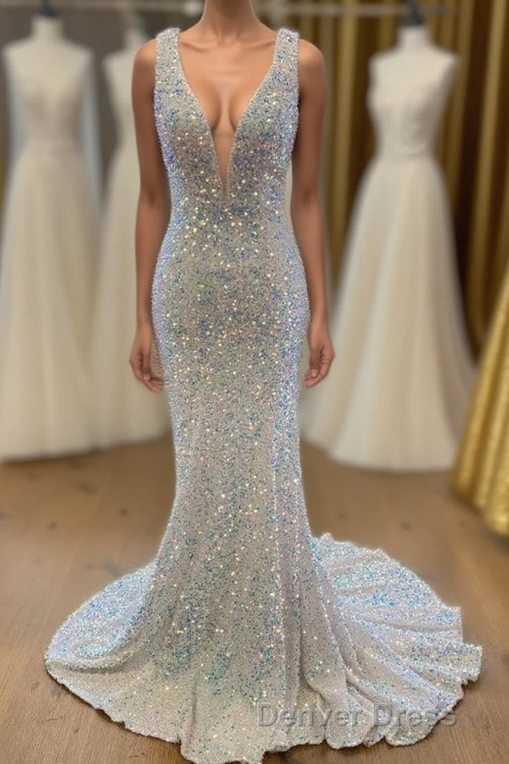 White Sequined Deep V Neck Sleeveless Glitter Prom Dresses Formal Gown Main image