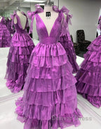 Wholesale Dark Purple Princess A-Line Deep V-Neck Long Tiered Prom Party Dresses Prom Clothing