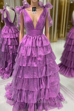 Wholesale Dark Purple Princess A-Line Deep V-Neck Long Tiered Prom Party Dresses Prom Clothing