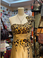 Wild Gold-Brown Leopard Print One-Shoulder Satin Long Prom Dresses Evening Dresses