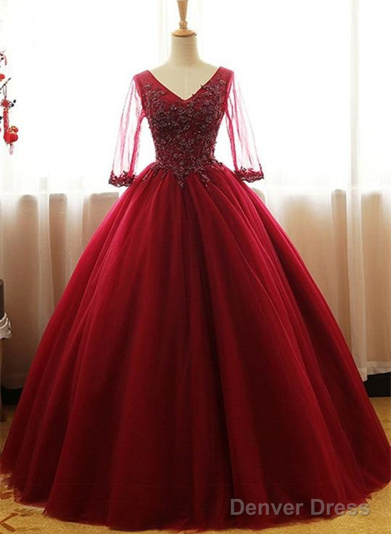 Wine Red 1/2 Sleeves Tulle Formal Gown ,Long Party Dress