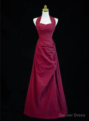 Wine Red A-Line Halter Vintage Style Prom Dress, Wine Red Long Evening Dress